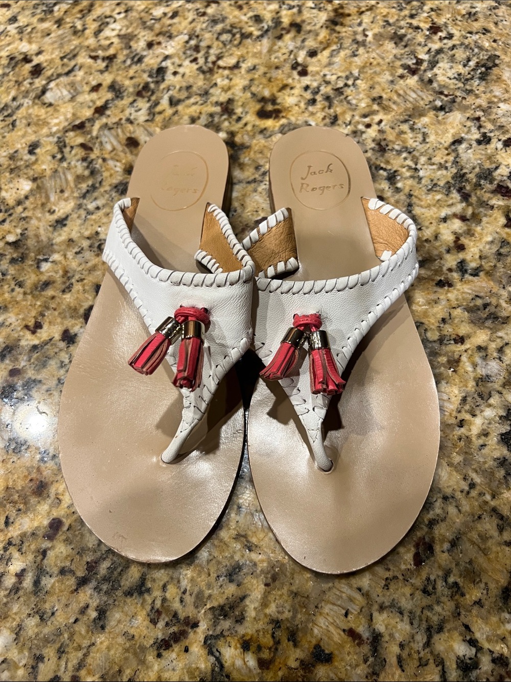 Jack Rogers White Leather Thong Sandals with Pink Tassel Accents